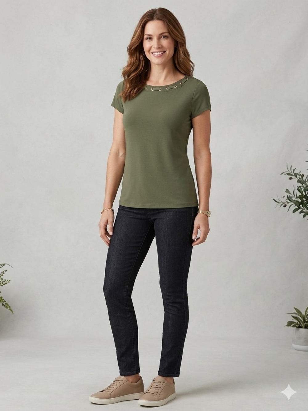 Liz Claiborne Olive Green Tee with Gold Grommet Detail